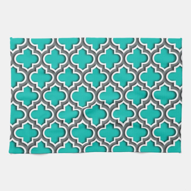 Teal Charcoal Gray White Moroccan Quatrefoil #5DS Towel (Horizontal)