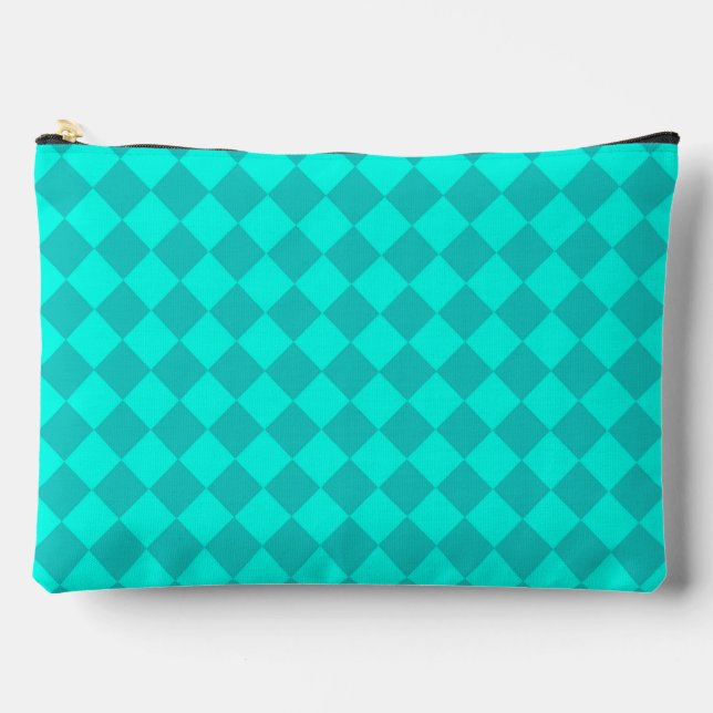 Teal Checker Diamond Pattern Large Accessory Pouch (Front)