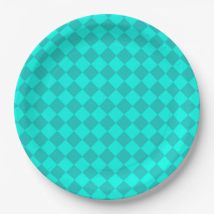 Teal Checker Diamond Pattern Paper Plates
