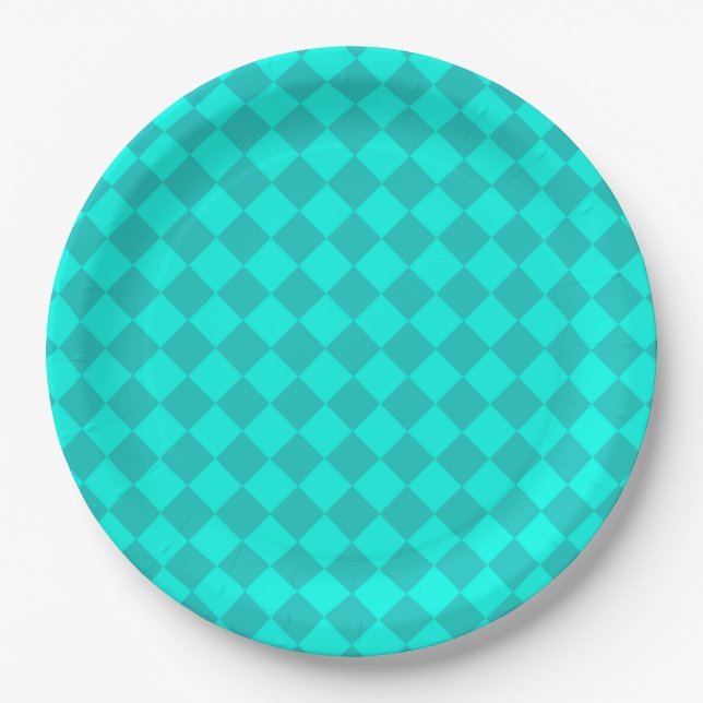 Teal Checker Diamond Pattern Paper Plates (Front)