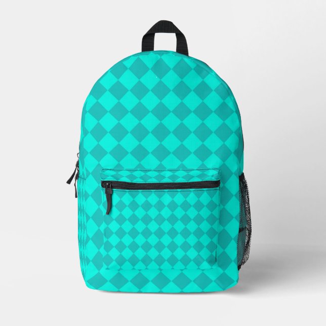 Teal Checker Diamond Pattern Printed Backpack (Front)