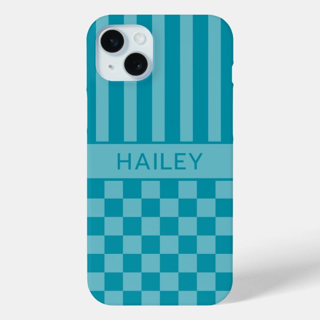 Teal Checkered Striped Personalized Case (Back)