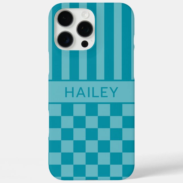 Teal Checkered Striped Personalized Case-Mate iPhone Case (Back)