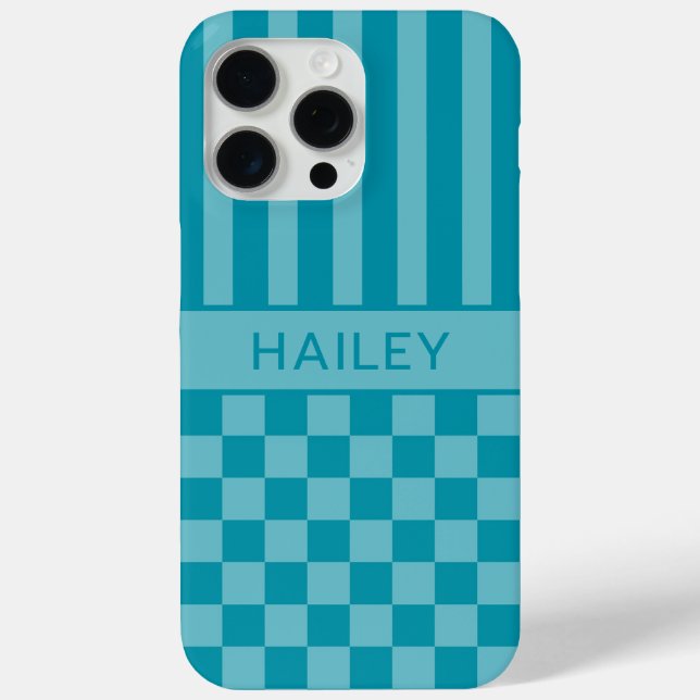 Teal Checkered Striped Personalized Case-Mate iPhone Case (Back)