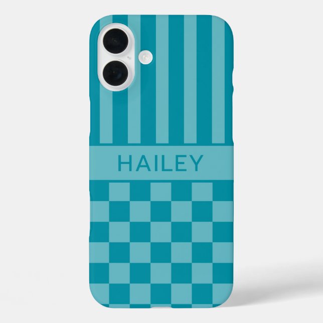 Teal Checkered Striped Personalized Case-Mate iPhone Case (Back)
