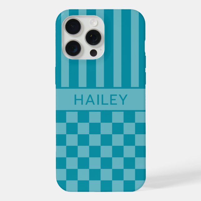 Teal Checkered Striped Personalized Iphone Case (Back)