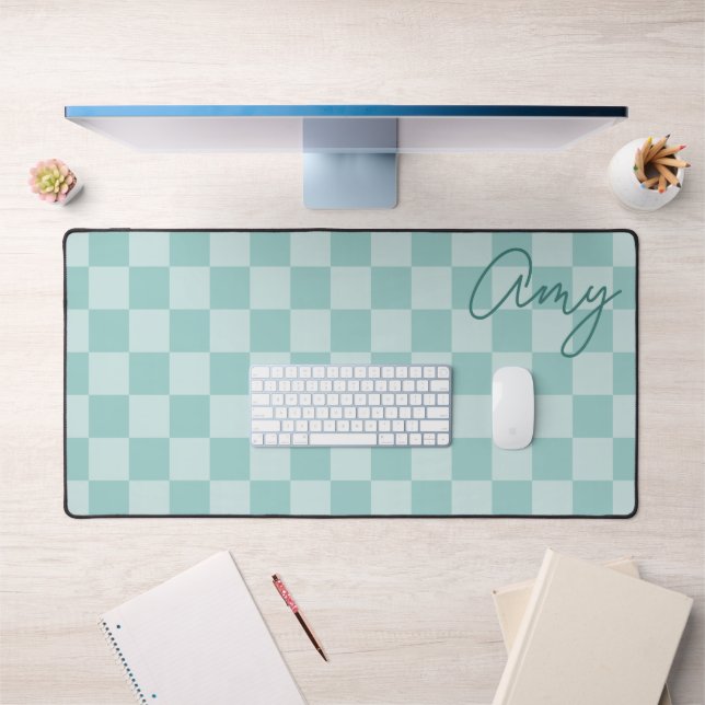 Teal Checkers Monoline Name Desk Mat (Office 1)