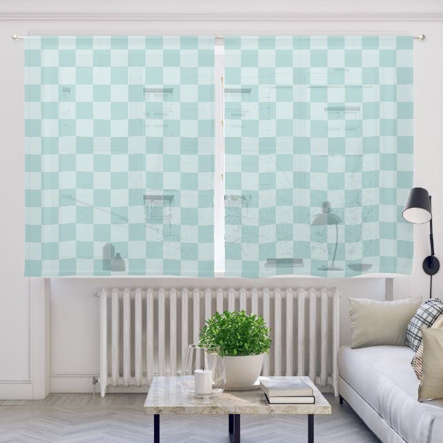 Teal Checkers Sheer Curtains (Living Room)