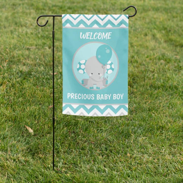 Teal Chevron Elephant Baby Boy Garden Flag (In SItu)