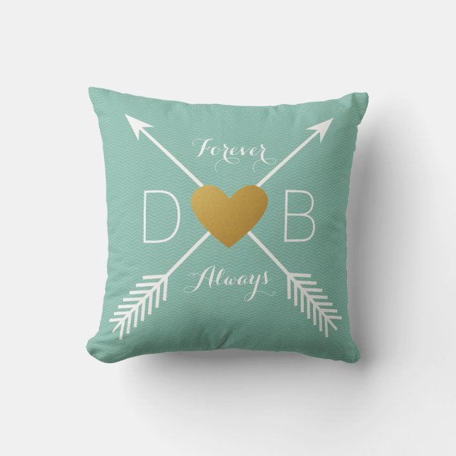 Teal Chevron Gold Heart White Arrows Initials Throw Pillow (Front)