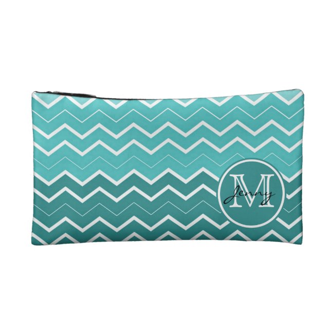 Teal Chevron Monogram Cosmetic Bag (Back)