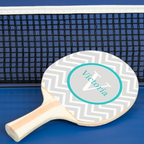 Teal Chevron Monogram Ping Pong Paddle