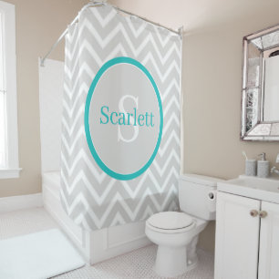 Teal Chevron Monogram Shower Curtain