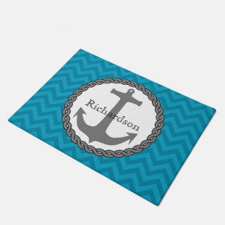 Teal Chevron Nautical Anchor Personalized Doormat