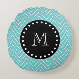 Teal Chevron Pattern Black Monogram Round Pillow