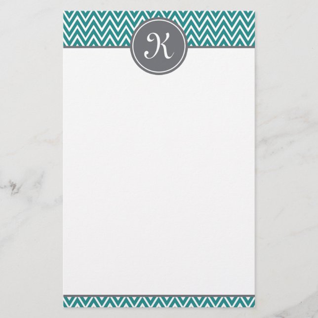 Teal Chevron Pattern Gray Monogram Stationery (Front)