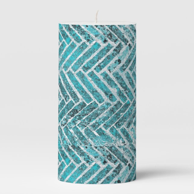 teal chevron pattern gritty rustic pillar candle (Front)