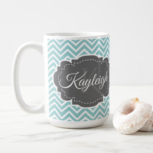 Teal Chevron Personalized Coffee Mug (With Donut)