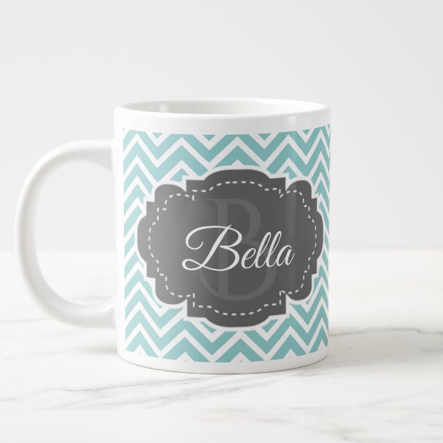 Teal Chevron Personalized Giant Coffee Mug (Left)