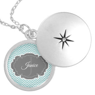 Teal Chevron Personalized Locket Necklace