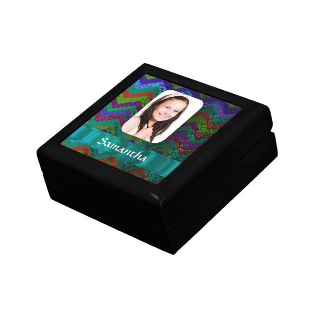 Teal chevron personalized photo template gift box (Side)