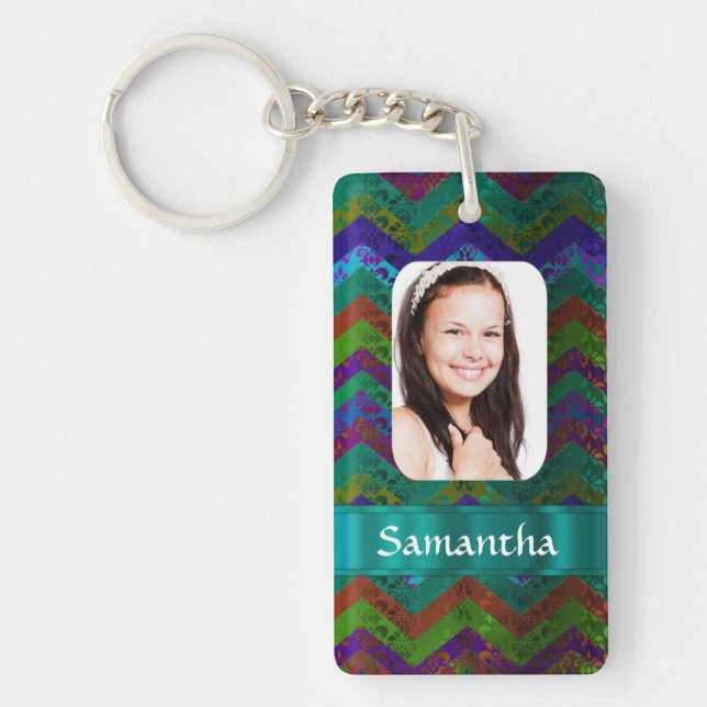 Teal chevron personalized photo template keychain (Front)