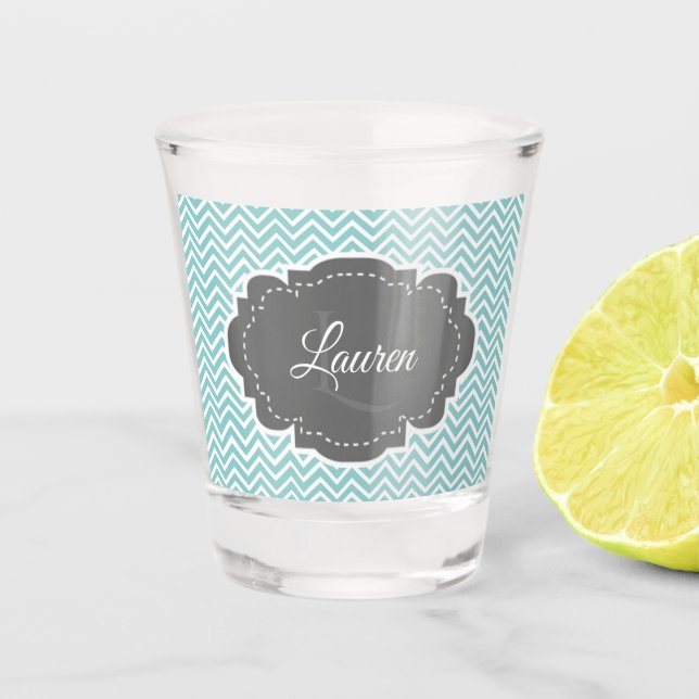 Teal Chevron Personalized Shot glass (Front)