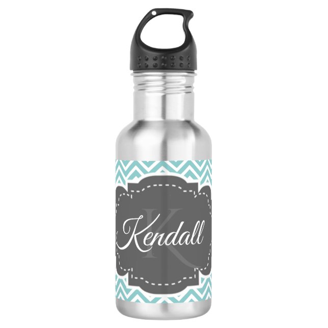 Teal Chevron Personalized Stainless Steel Water Bottle (Front)
