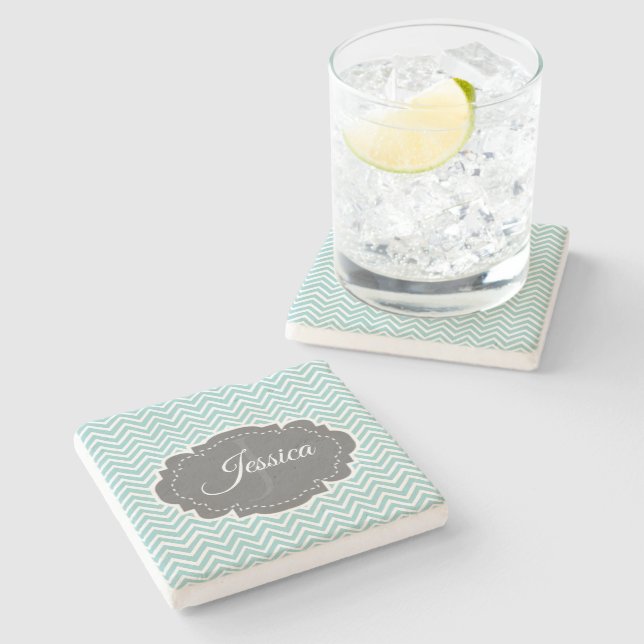 Teal Chevron Personalized  Stone Coaster (Side)