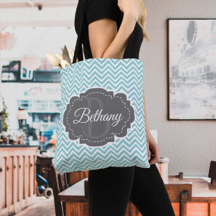 Teal Chevron Personalized Tote Bag