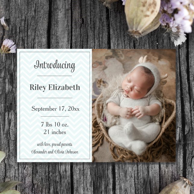 Teal Chevron Photo Birth Announcement (Teal Chevron Photo Birth Announcement)