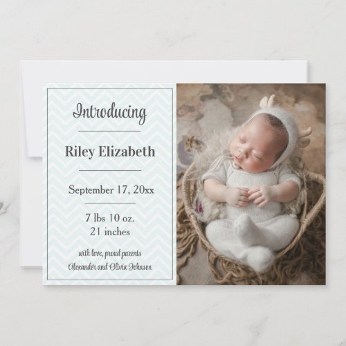 Teal Chevron Photo Birth Announcement