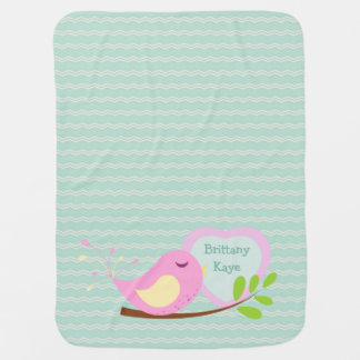 Teal Chevron Pink Bird Personalized Swaddle Blanket