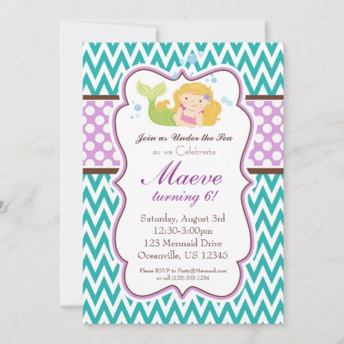 Teal Chevron, Purple Dots Blonde Mermaid Birthday Custom Announcement