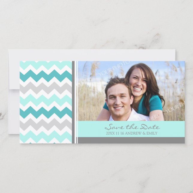 Teal Chevrons Save the Date Wedding Photo Cards (Front)