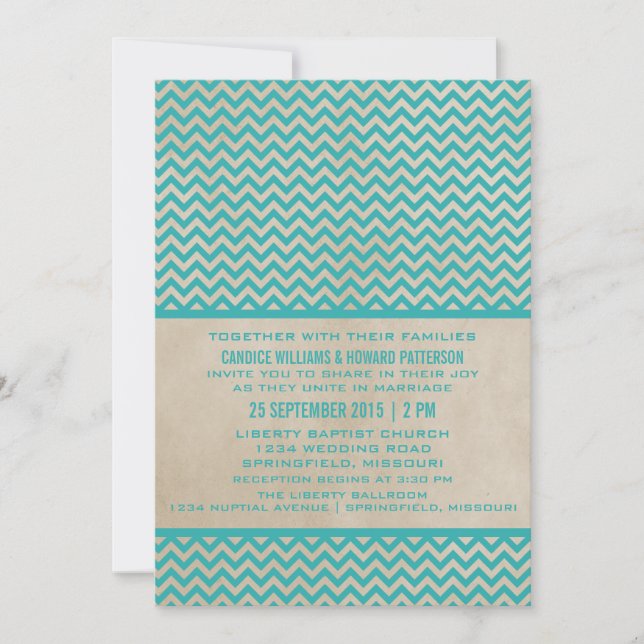 Teal Chic Chevron Wedding Invite (Front)