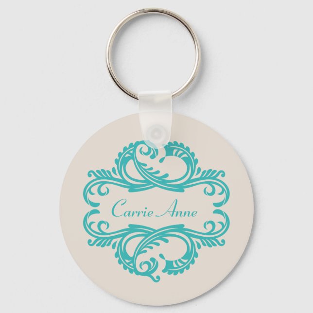 Teal Chic Damask Keychain (Front)