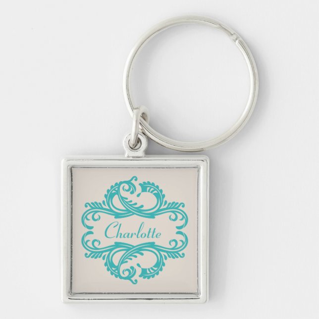 Teal Chic Damask Premium Keychain (Front)