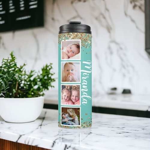 Teal chic glitter photo name Thermal Tumbler