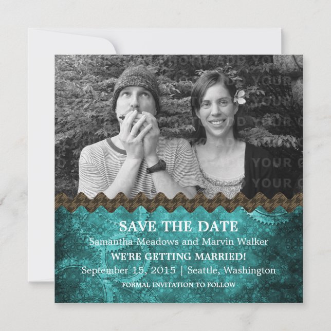Teal Chic Steampunk Photo Save the Date Invite (Front)