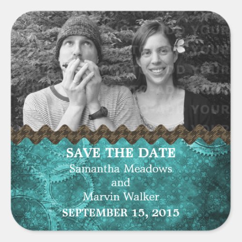 Teal Chic Steampunk Photo Save the Date Stickers
