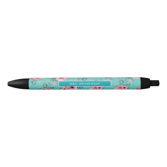 Teal | Chic Watercolour Floral Personalised Pen (Front)
