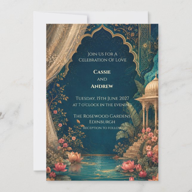 Teal Chinoiserie Lotus Garden Wedding Invitation (Front)
