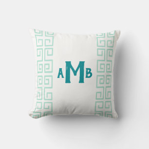 Teal Chinoiserie Wide Greek Key Stripe Monogram Throw Pillow