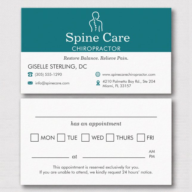 Teal Chiropractor Appointment Reminder Card (Creator Uploaded)