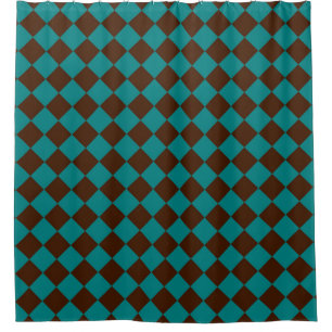 Teal Chocolate Brown Checker Diamond Pattern Shower Curtain