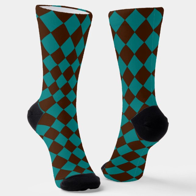 Teal Chocolate Brown Checker Diamond Pattern Socks (Angled)