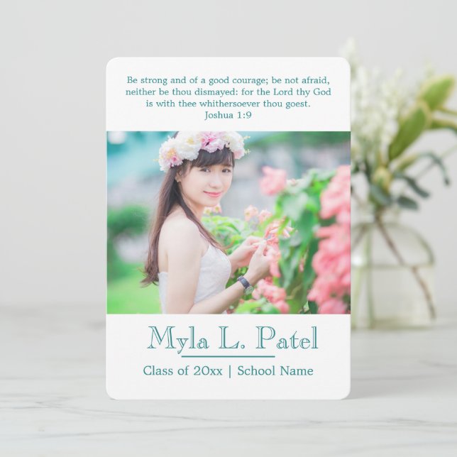 Teal Christian Scripture Photo Grad Announcement/ Invitation (Standing Front)