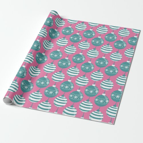 Teal Christmas Baubles With Pink Background Wrapping Paper