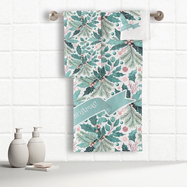 Teal Christmas Holly Berries Pattern#17 ID1009 Bath Towel Set (Creator Uploaded)